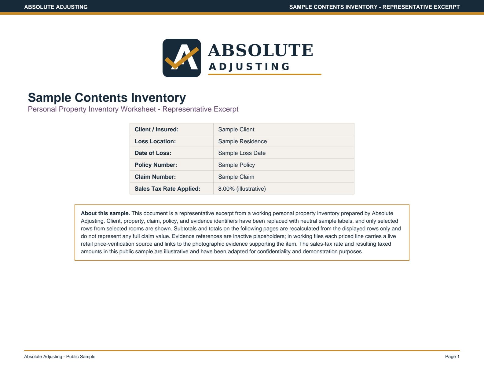 Preview of the Sample Contents Inventory representative excerpt