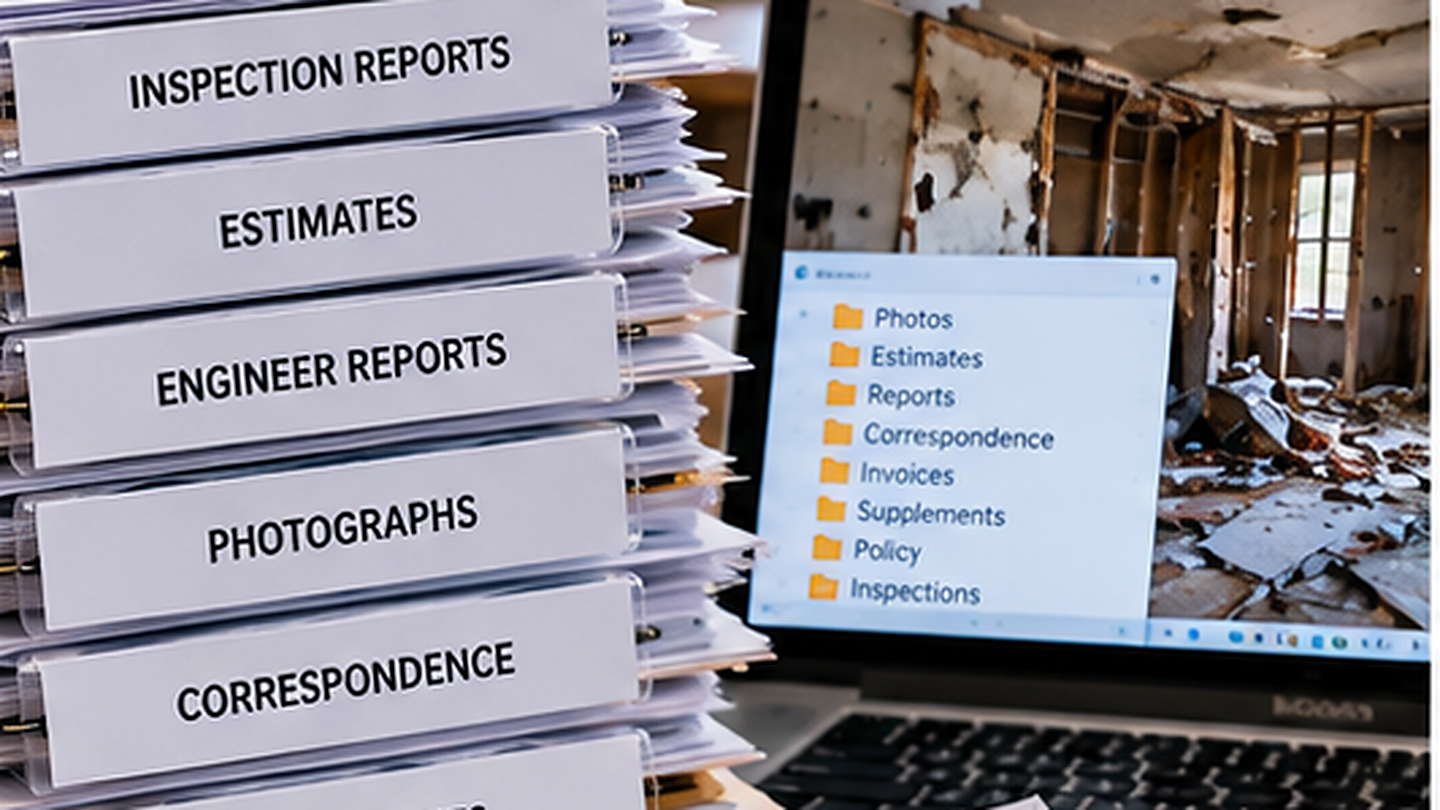 Conceptual illustration of property insurance claim records, inspection reports, estimates, and photographs beside digital claim files on a laptop.