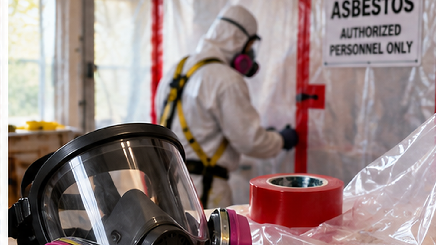 Conceptual asbestos-remediation illustration showing a worker in protective equipment, plastic containment, a respirator, and an asbestos warning sign.