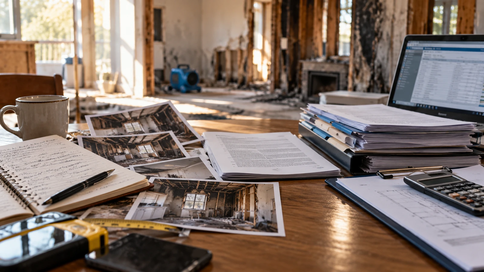Conceptual illustration of claim photographs, estimates and professional binders on a desk inside a damaged house.